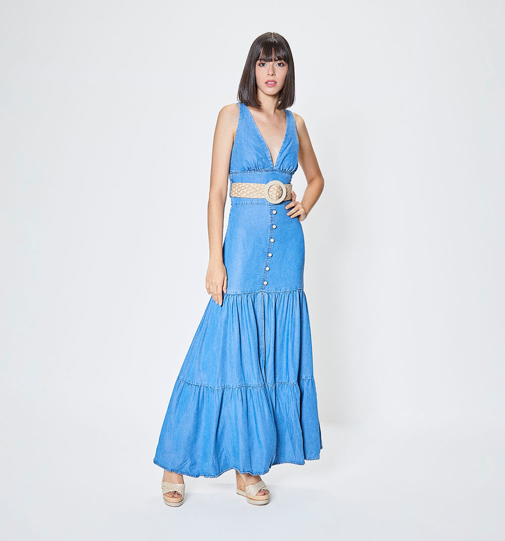 Vestido largo en tiempos con cinturon - Studio F