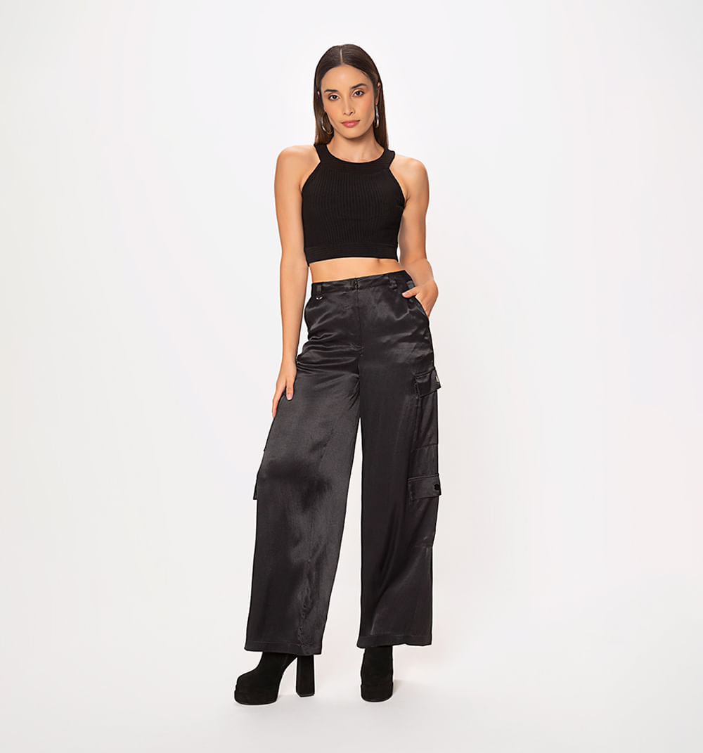 Pantalon Mujer Super Ancho Cargo Bolsillos Palazzo Suelto