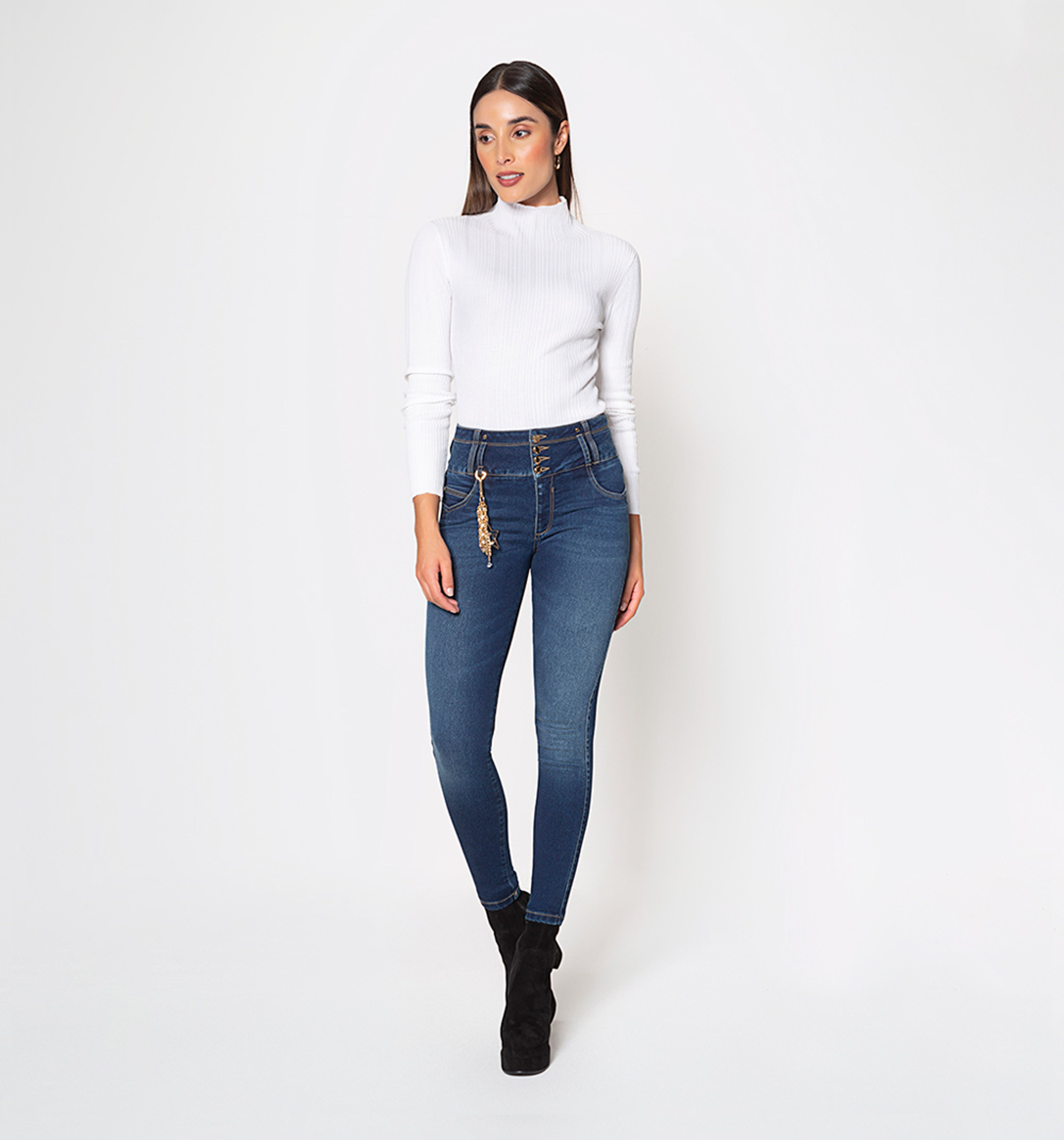 Jean skinny pretina ancha tiro alto con azul